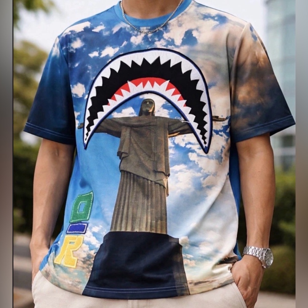 Brazil Rio Christ the Redeemer Shark Graphic Tee M Embroidered